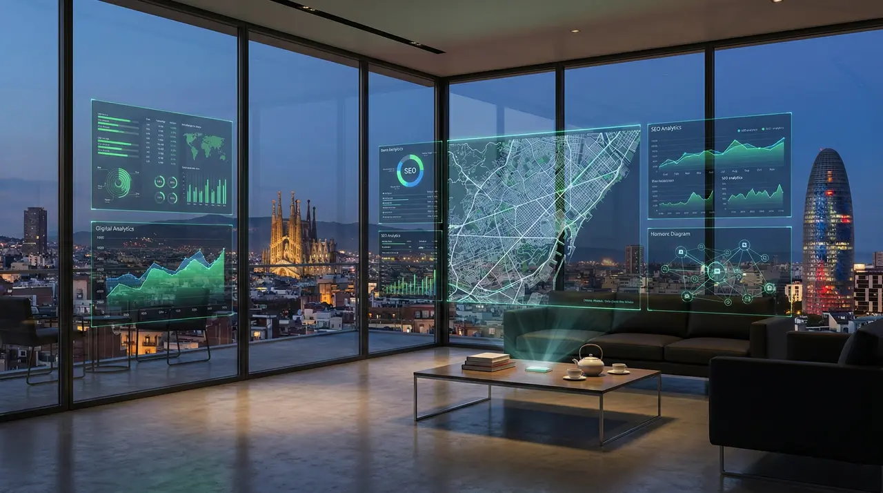 Fondo digital abstracto con el skyline de Barcelona representando tecnología y negocio local.