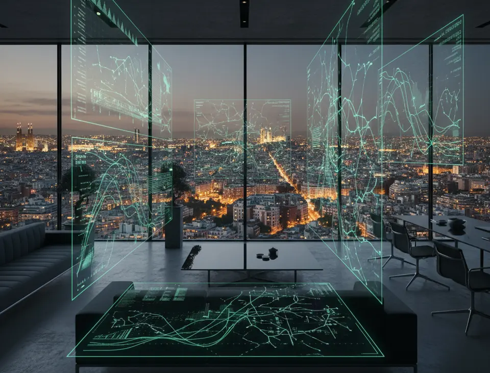 Fondo digital abstracto con el skyline de Barcelona representando tecnología y negocio local.